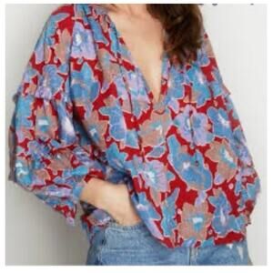 Love The Label x Anthropologie Size XS Helena Floral Print Ruffle Shirt Blue Red